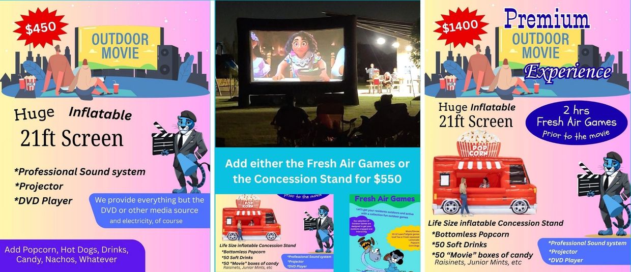 Outdoor movie and premium experience with huge 21ft inflatable screen and concessions.