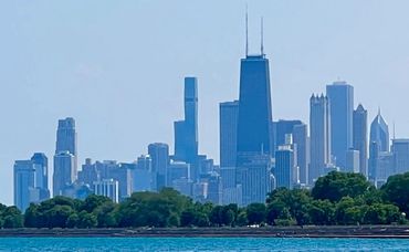Chicago skyline with water and trees in foreground.