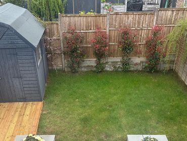 Painted shed, new decking, tiled patio, new steps and tiles