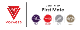 Virgin Voyages Certified First Mate badges in violet, scarlet, silver, and gold with knot icons.