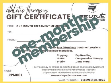 Gift certificate for one-month athletic therapy membership.