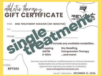Gift certificate for single athletic therapy treatment session at Revive Performance.