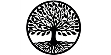 Black metal circular tree of life wall art with detailed branches and roots.