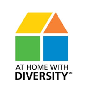 At Home With Diversity logo a house split into yellow, red, blue and green sections.