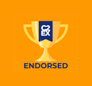 Gold trophy cup with banner C2EX on a yellow field and the word Endorsed under the cup.