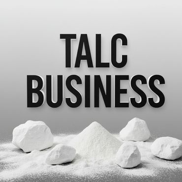 Black text 'TALC BUSINESS' with white talc powder and rocks below.