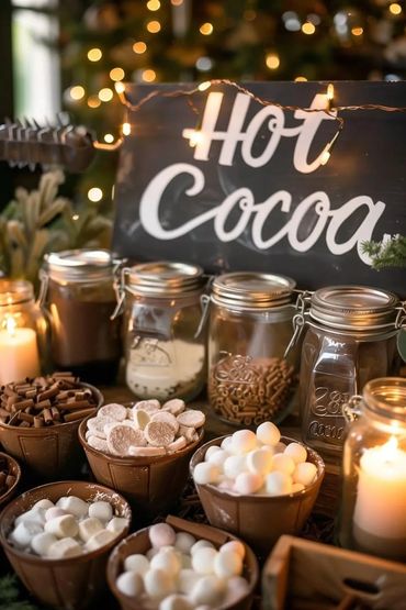 Cozy hot cocoa bar with jars of ingredients and marshmallows.