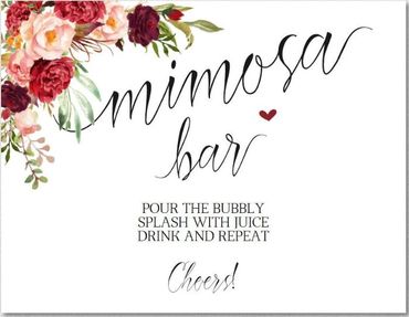 Elegant mimosa bar sign with floral design and instructions.