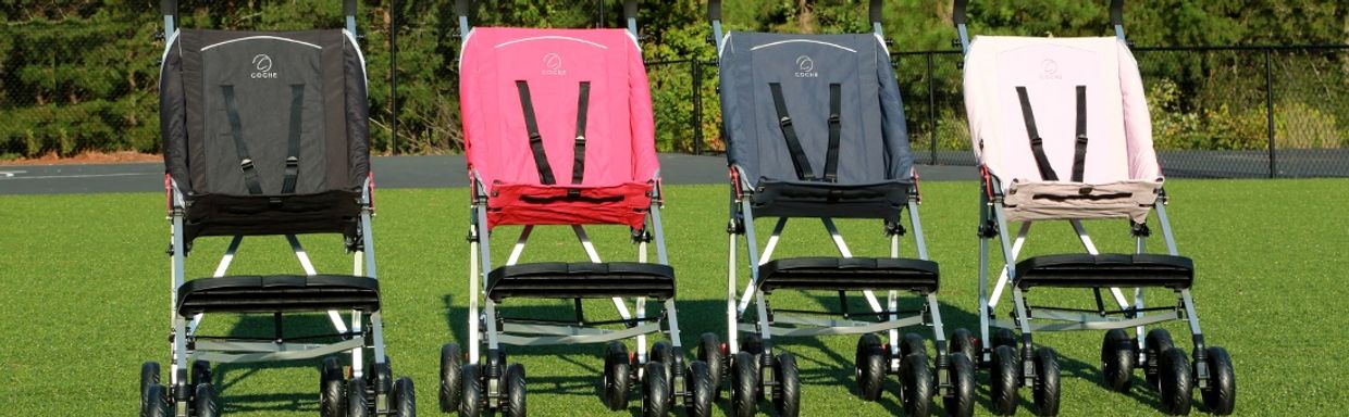 4 Coche XL Strollers in Black, Red, Blue, and Pink. Adaptive Strollers. Special Needs Strollers,