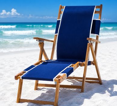 Wooden beach chair with blue fabric on sandy beach.