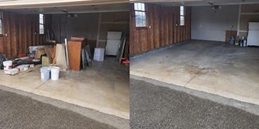 Side-by-side comparison of a cluttered garage transformed into a clean, empty space.