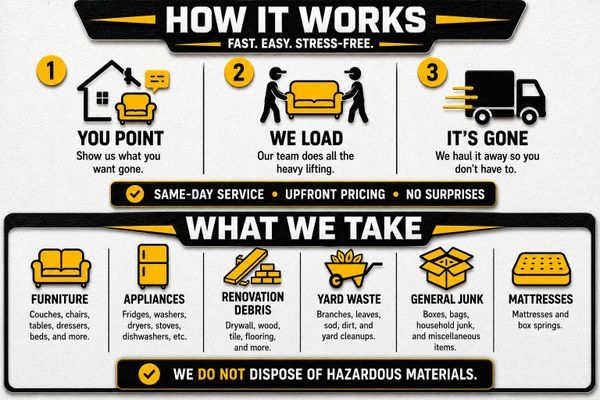 Infographic explaining a fast, easy junk removal service and what items they accept.