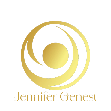 Gold circular logo with the name Jennifer Genest.