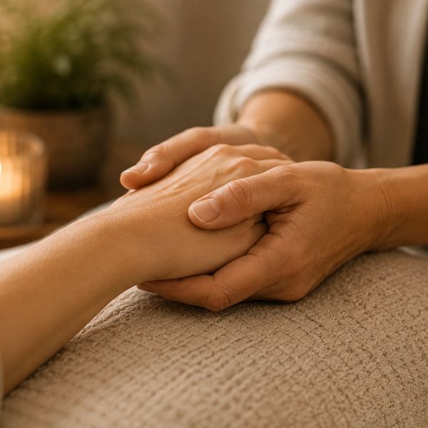 Two people holding hands in a comforting gesture.