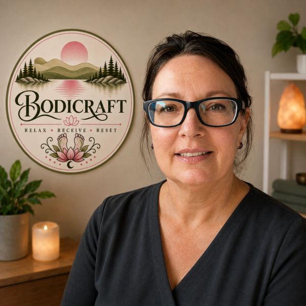 Smiling woman in glasses with Bodicraft sign in background.