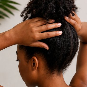 Woman tying her curly hair up.