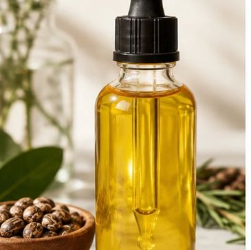Glass bottle with golden oil and dropper.