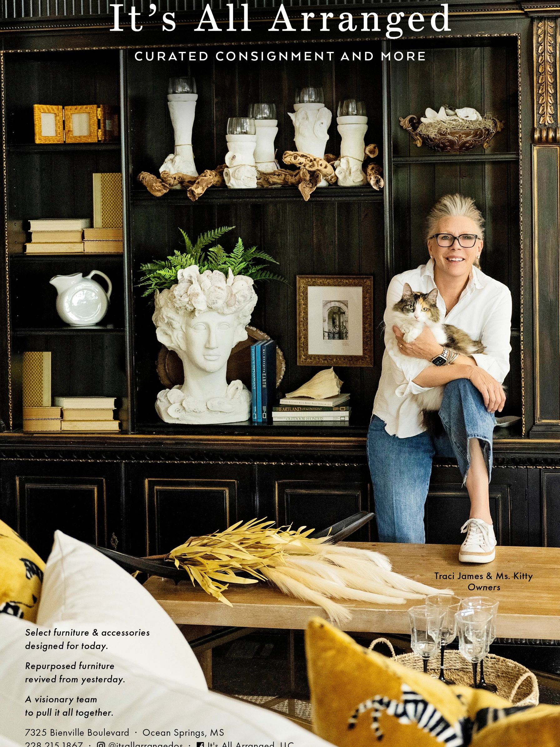 magazine page from Scout Magazine with kitty and owner posing in the showroom