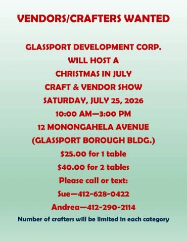 Flyer seeking vendors for a Christmas in July craft show on July 25, 2026, in Glassport.