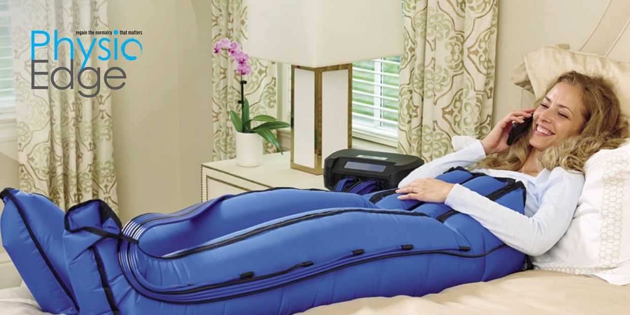 A patient with leg swelling using the SC-2008-DL sequential circulator pump to treat her legs.