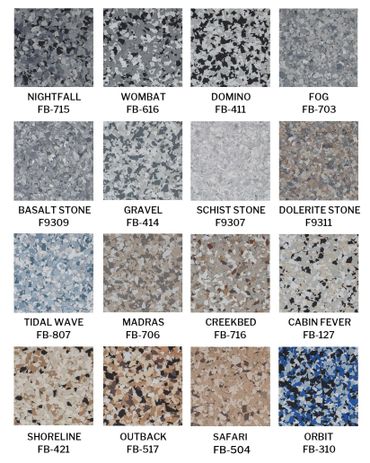 Various color and texture samples of flooring flakes with names and codes.