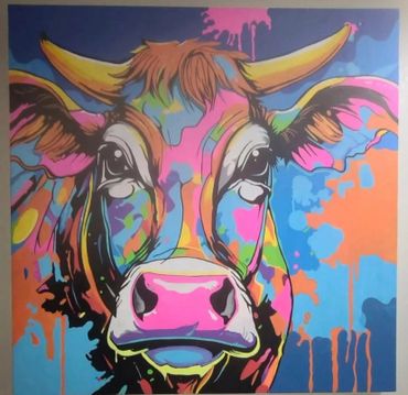 Colorful pop art painting of a cow with vibrant splashes and bold outlines.