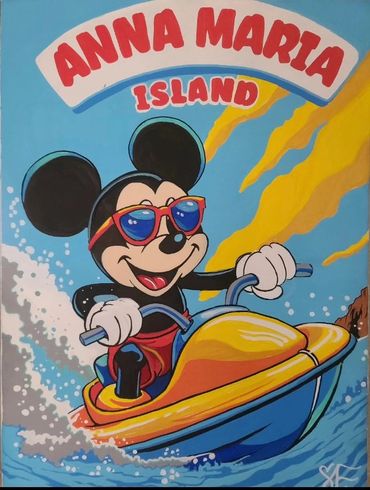 Mickey Mouse rides a jet ski on Anna Maria Island, wearing red sunglasses and smiling.