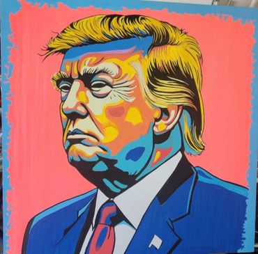 Colorful pop art portrait of Donald Trump with vibrant hues on a pink background.