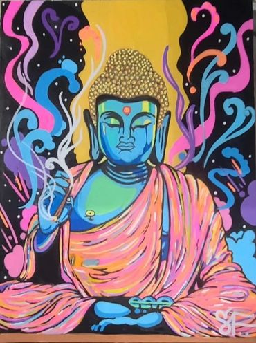 Colorful psychedelic painting of Buddha meditating with smoke and vibrant patterns.