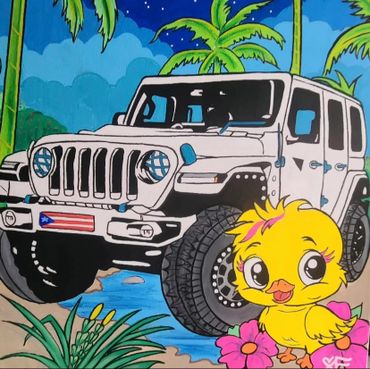 Colorful painting of a white Jeep and a cute yellow chick with flowers.