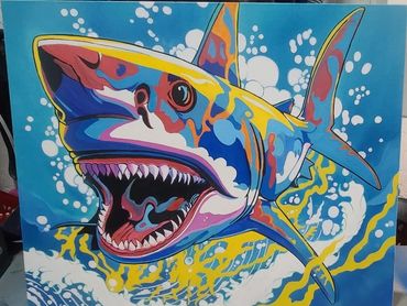 Vibrant, colorful painting of a shark with an open mouth underwater.