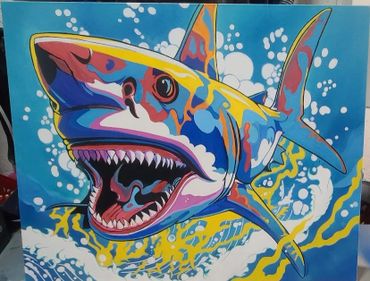 Vibrant, colorful painting of a shark with an open mouth underwater.