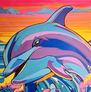 Colorful abstract painting of a dolphin jumping over vibrant ocean waves at sunset.