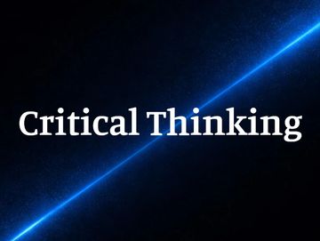 Text 'Critical Thinking' with a blue diagonal light streak on dark background.
