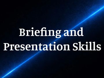 Text 'Briefing and Presentation Skills' on a dark background with a blue light streak.