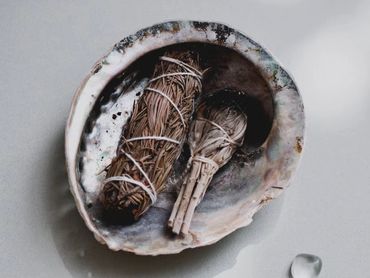 A shell and ceremonial tools including sage for smudging and cleansing spaces at our mystical plant