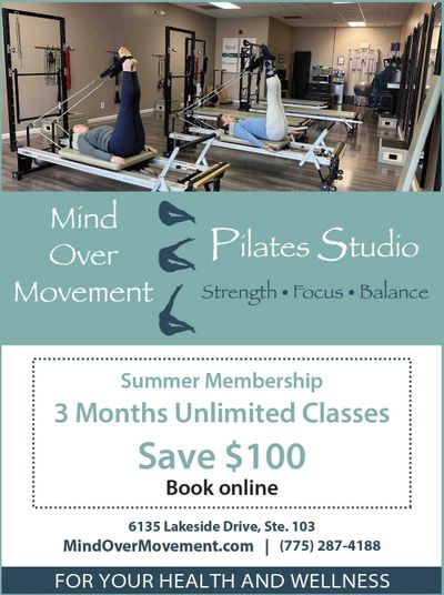 Man and woman doing Pilates on a reformer: feet in straps