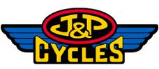 Logo of J&P Cycles with blue wings and yellow text.