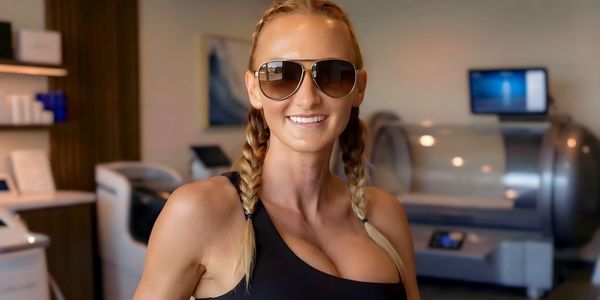 Smiling woman with braided hair and sunglasses in a modern room.