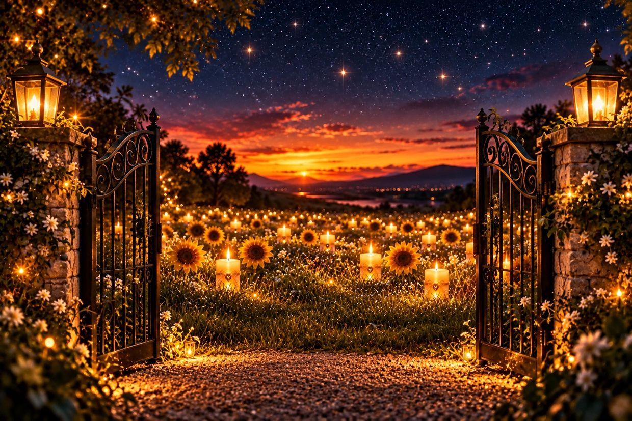 Open gates to a glowing candle-lit sunflower field at sunset under a starry sky.