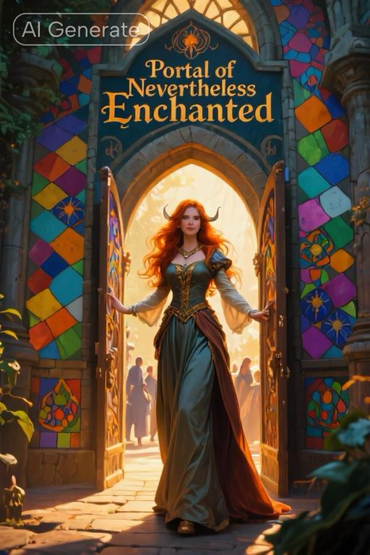 A red-haired woman in medieval dress enters through a colorful enchanted portal.