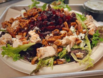 karen salad with lettuce, diced grilled chicken, candied pecans and craisins