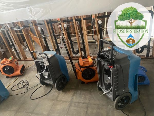 Dehumidifiers and blowers drying studs during a water damage mitigation process. 
