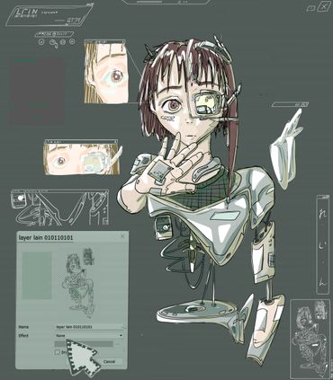 illustration,digital, lain, cyber, cyberia, robot, internet, eye, doll, cursor, wing, cyborg