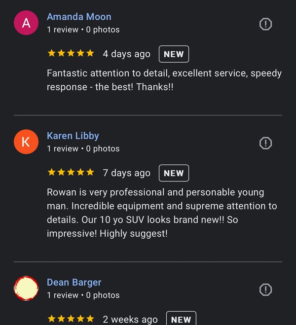 5-Star Reviews of our mobile detailing services on Google exterior and interior detailing mobile