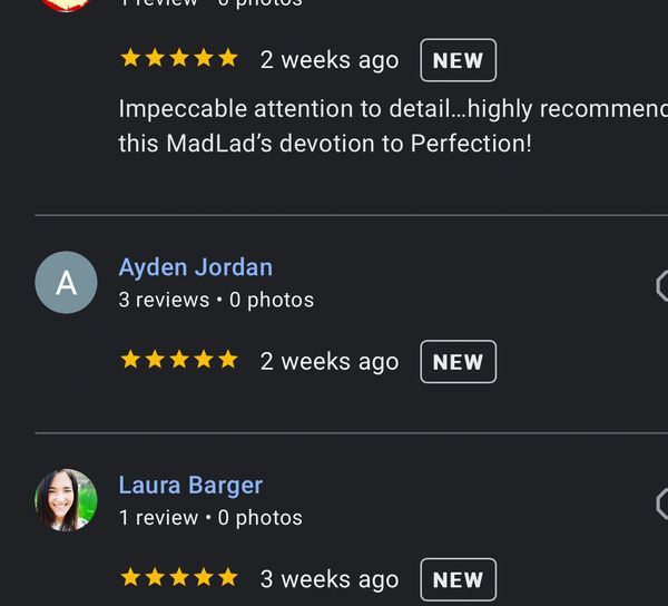 5-Star reviews of our mobile detailing services on Google for interior and exterior detailing