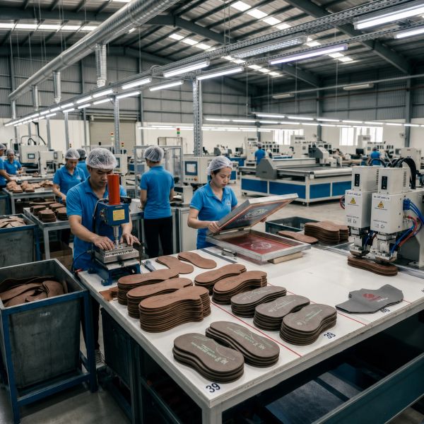 Workers in blue uniforms manufacturing shoe soles in a factory.