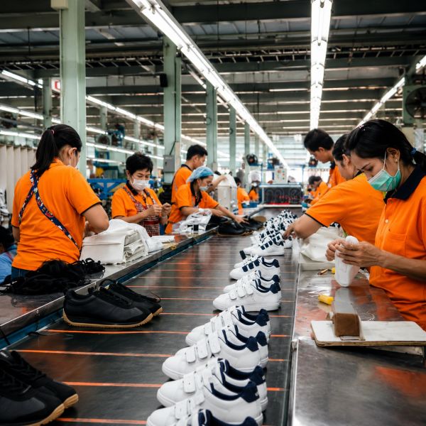 Workers in orange uniforms assembling shoes on a factory conveyor belt.
