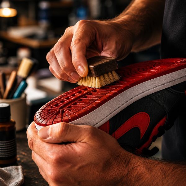 A person cleaning the sole of a red and black sneaker with a brush.