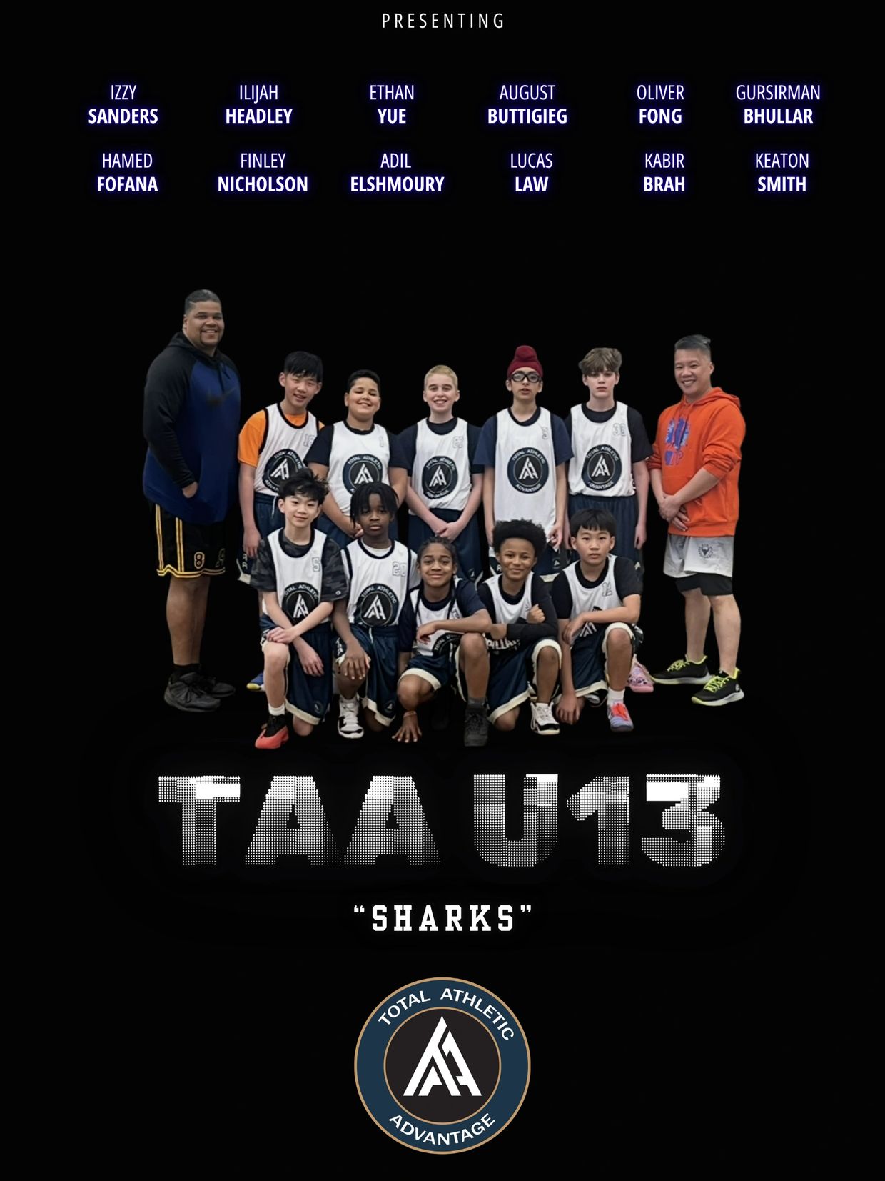 Youth basketball team TAA U13 Sharks posing with coaches against a black background.